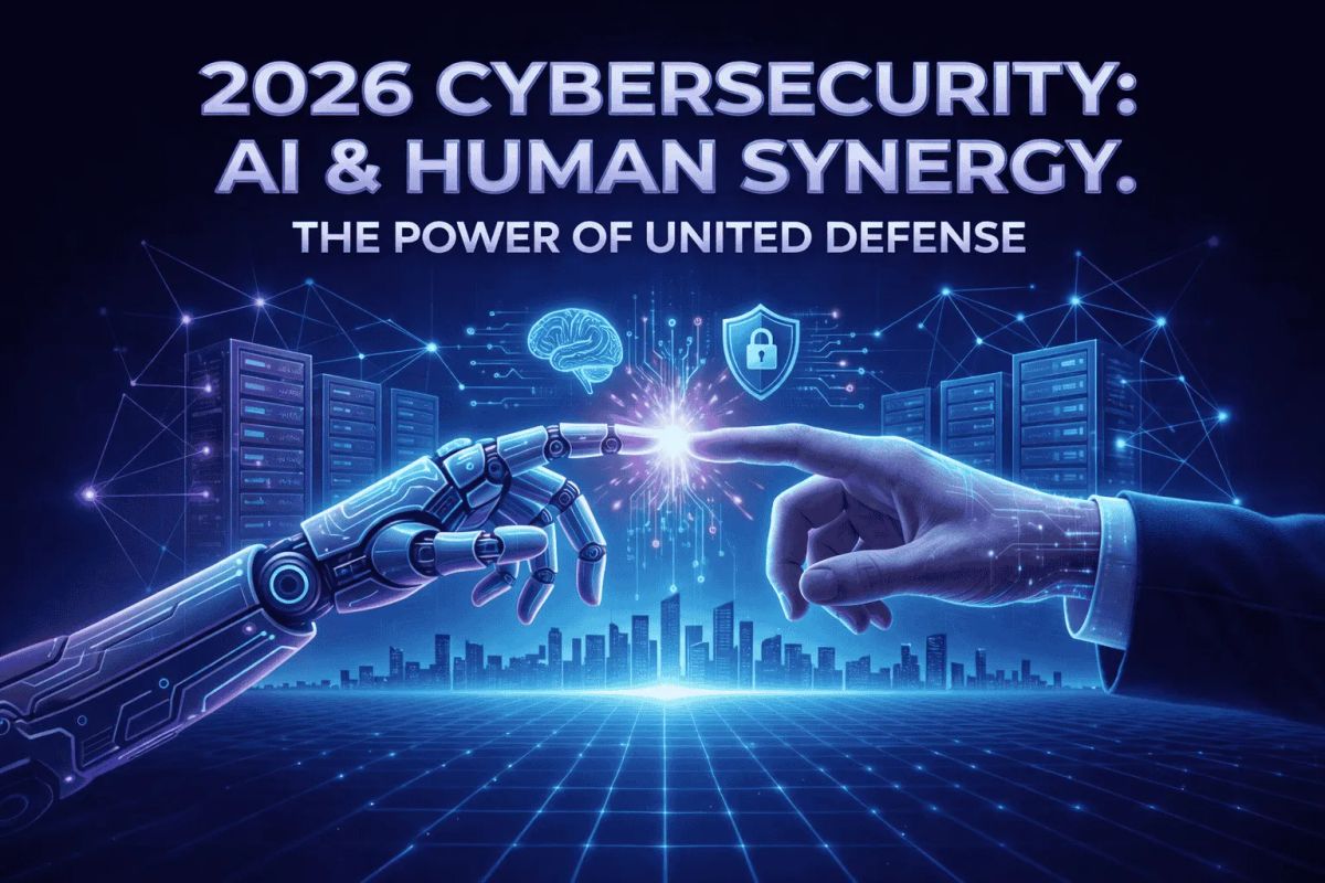 AI & HUMAN SYNERGY. THE POWER OF UNITED DEFENSE.' A robotic hand and a human hand touch, generating a bright light that connects to glowing icons of a brain and a shielded lock. The futuristic background features a digital cityscape, server racks, and a ne