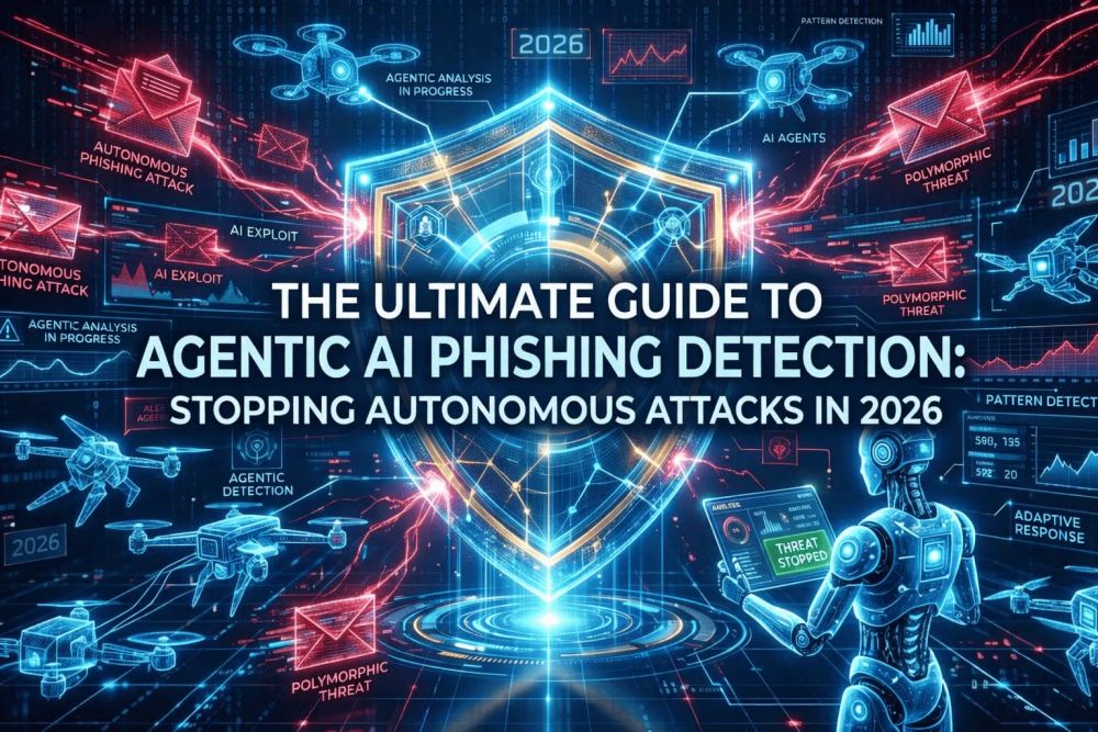 A conceptual cybersecurity interface showing a defensive blue digital shield and an AI reasoning agent successfully blocking a swarm of red autonomous phishing threats, illustrating agentic AI phishing detection.