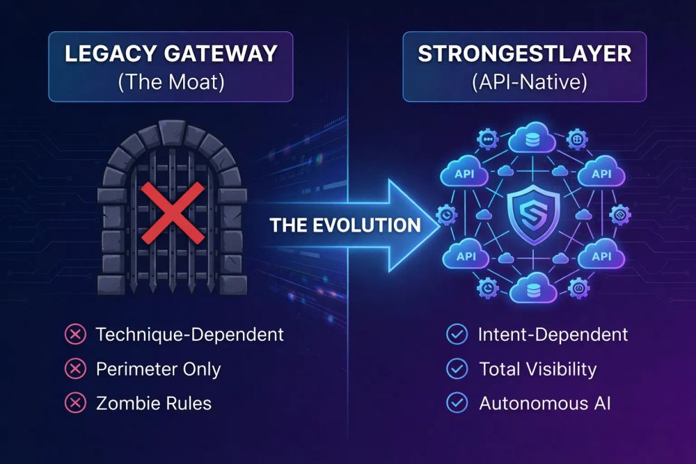 Comparison diagram showing the evolution from legacy Secure Email Gateways (North-South moat) to StrongestLayer’s API-native intent-based security layer.