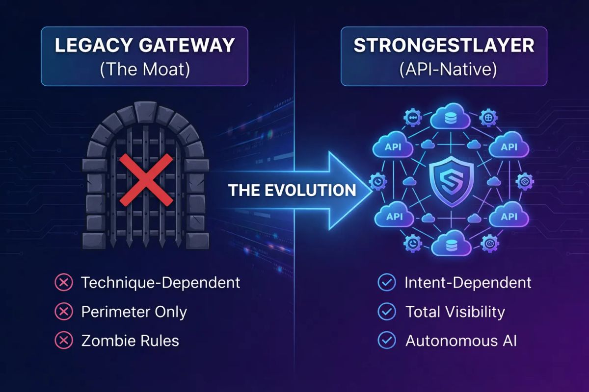 Comparison diagram showing the evolution from legacy Secure Email Gateways (North-South moat) to StrongestLayer’s API-native intent-based security layer.