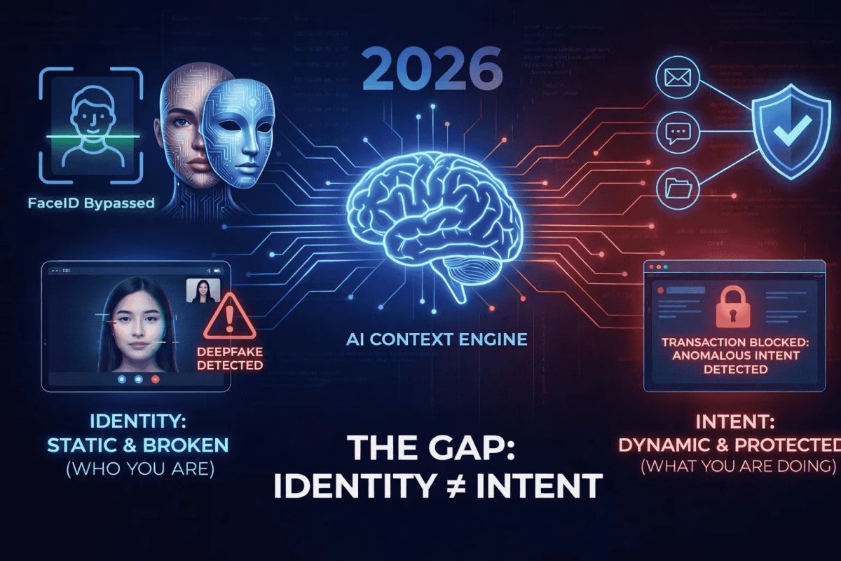 Infographic comparing Static Identity vs Dynamic Intent in 2026. Visualizes how Real-Time Deepfake AI and Virtual Camera Injection bypass FaceID liveness checks (Gartner 30% prediction). illustrates StrongestLayer's Context-Aware Security detecting anomalo