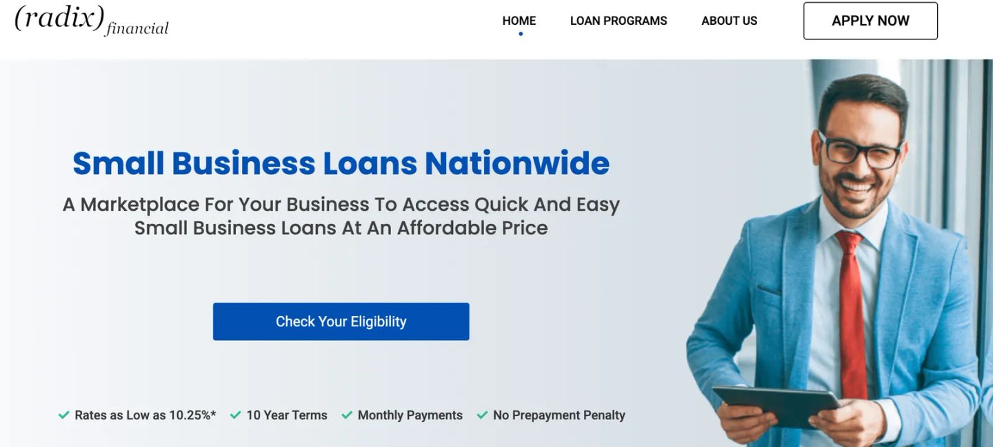 Second, virtually identical Radix Financial homepage screenshot, showing how closely the AI-cloned phishing site copies the legitimate one
