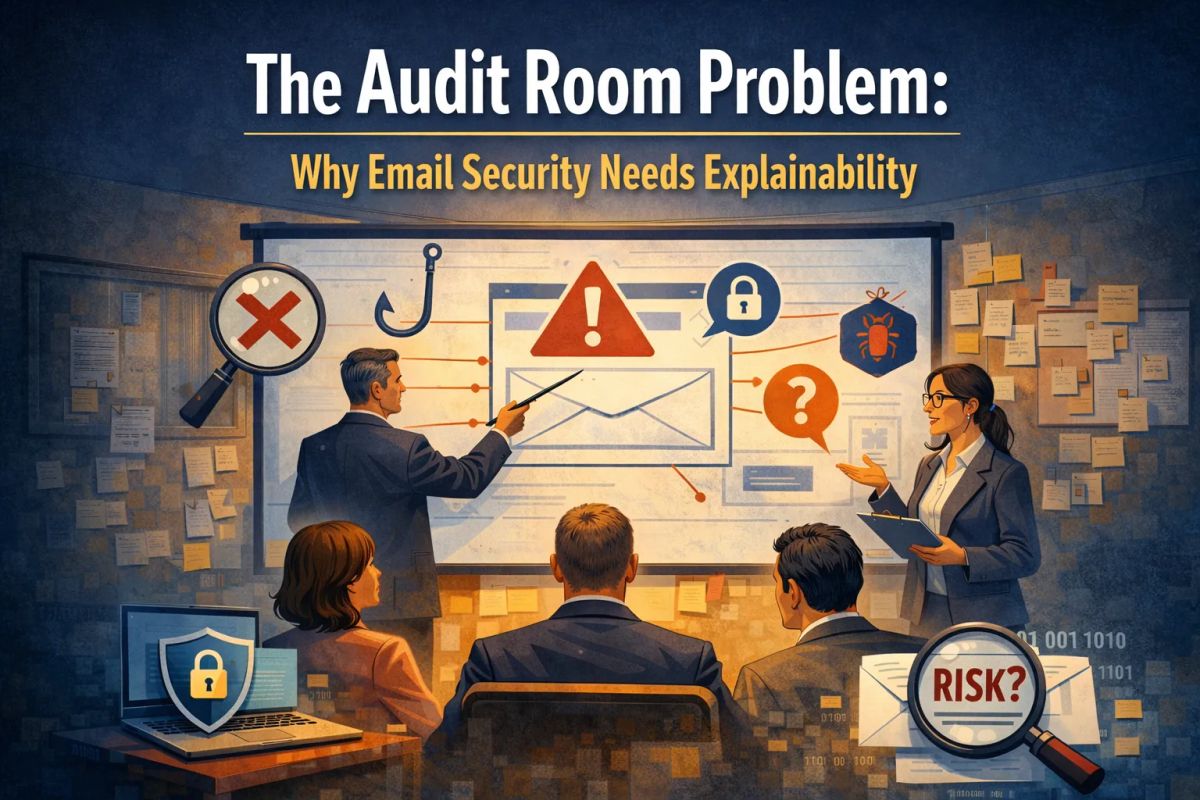 Cover illustration for “The Audit Room Problem: Why Email Security Needs Explainability”