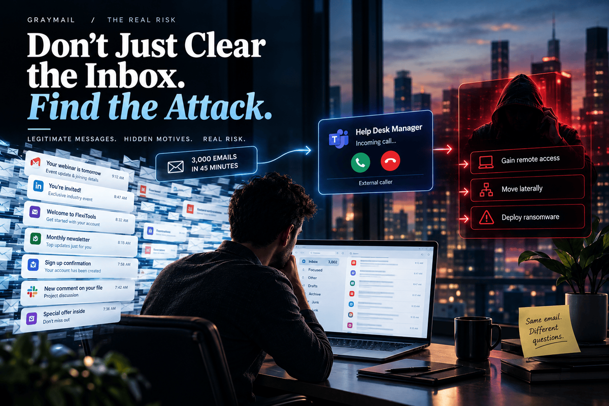 Graymail attack showing 3,000 legitimate emails overwhelming an inbox before a fake Microsoft Teams Help Desk call leads to remote access, lateral movement, and ransomware.