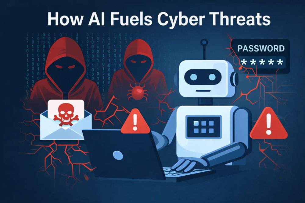 Showing a robot interacting with a laptop while surrounded by warning signs, a skull email icon, and hackers in hooded silhouettes. The title 'How AI Fuels Cyber Threats' is displayed at the top, with binary code and symbols of cyber threats in the backgro
