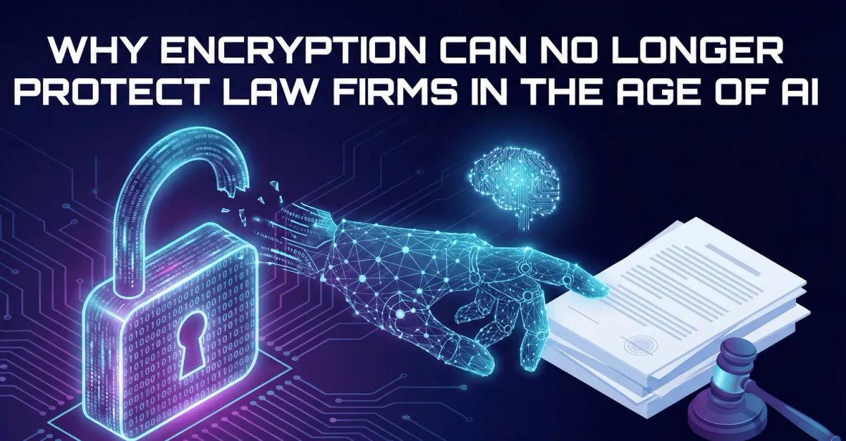 Conceptual illustration of law firm cybersecurity in 2026; a traditional digital padlock representing encryption is shown alongside a glowing AI neural network, symbolizing how generative AI bypasses secure data tunnels through social engineering and imper