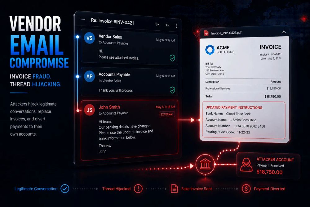 Illustration of a Vendor Email Compromise (VEC) attack showing a legitimate vendor email thread hijacked with a fraudulent invoice containing updated payment instructions, leading to invoice fraud and diverted business payments.