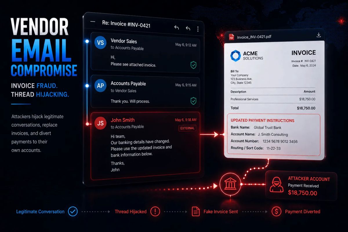 Illustration of a Vendor Email Compromise (VEC) attack showing a legitimate vendor email thread hijacked with a fraudulent invoice containing updated payment instructions, leading to invoice fraud and diverted business payments.