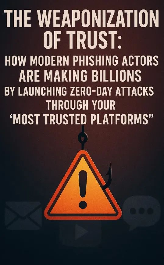 Cover illustration for “The Weaponization of Trust: How modern phishing actors are making billions by launching Zero-Day attacks through your “most trusted platforms””