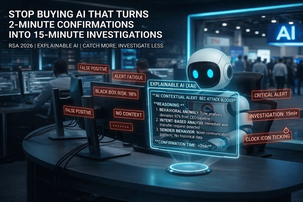 S Sitting at a SOC desk observing a glowing blue Explainable AI (XAI) interface that provides transparent threat reasoning in under 2 minutes. Red holographic warnings like "False Positive," "Alert Fatigue," and "15min+ Investigation" surround the legacy.