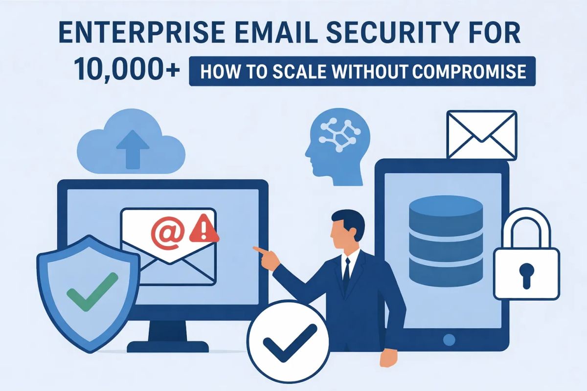 enterprise email security with icons representing cloud storage, a warning email on a computer screen, a business person pointing at a checkmark, a tablet showing a database, and a lock symbol. The title reads 'Enterprise Email Security for 10,000+ Users:
