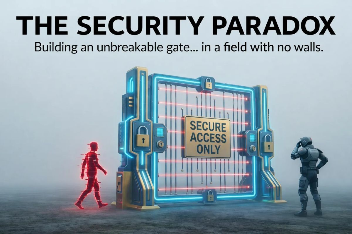 Illustration of the Security Paradox: A massive, high-tech security gate stands locked in an open field. A red digital attacker walks casually around the gate, bypassing the defense. This represents the failure of rigid perimeter security against fluid