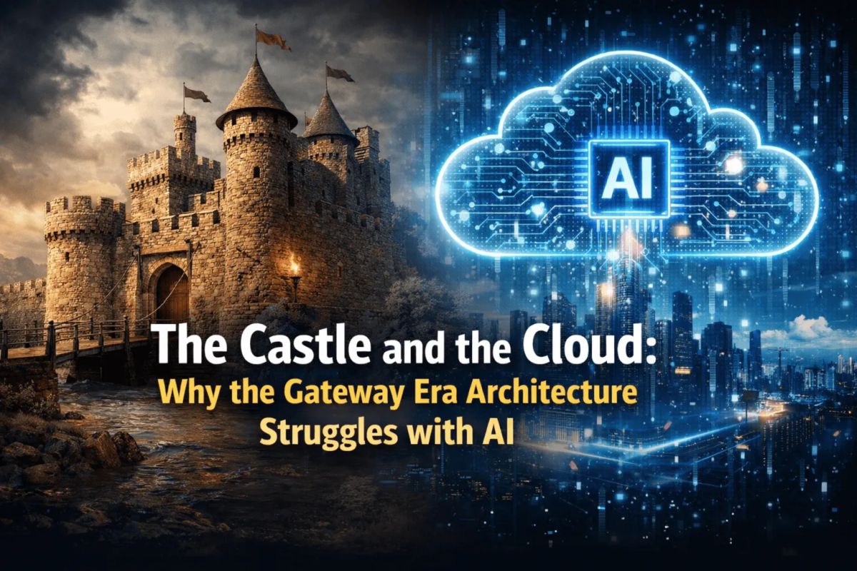 Split image showing a medieval stone castle on the left and a glowing AI cloud above a futuristic city on the right, symbolizing legacy gateway architecture versus modern AI-driven cloud security.
