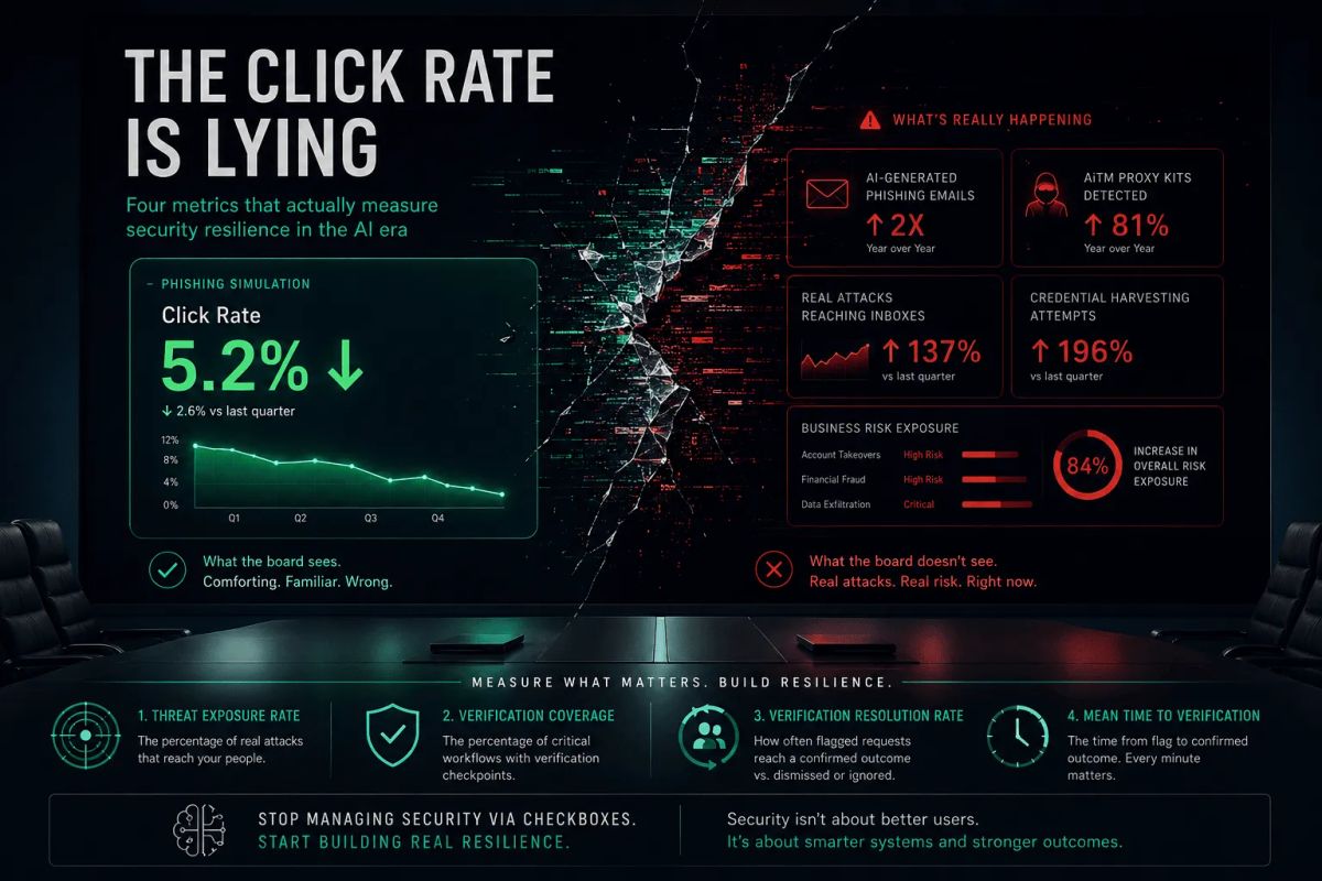 AI cybersecurity dashboard showing misleading phishing click rate metrics versus real hidden threats, highlighting security resilience gaps in enterprise environments.