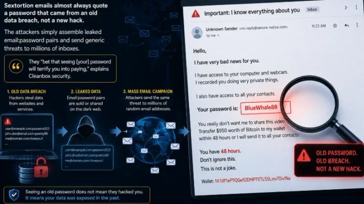 Infographic showing how sextortion emails reuse passwords from old data breaches in mass campaigns, so seeing your password means old exposure, not a new hack