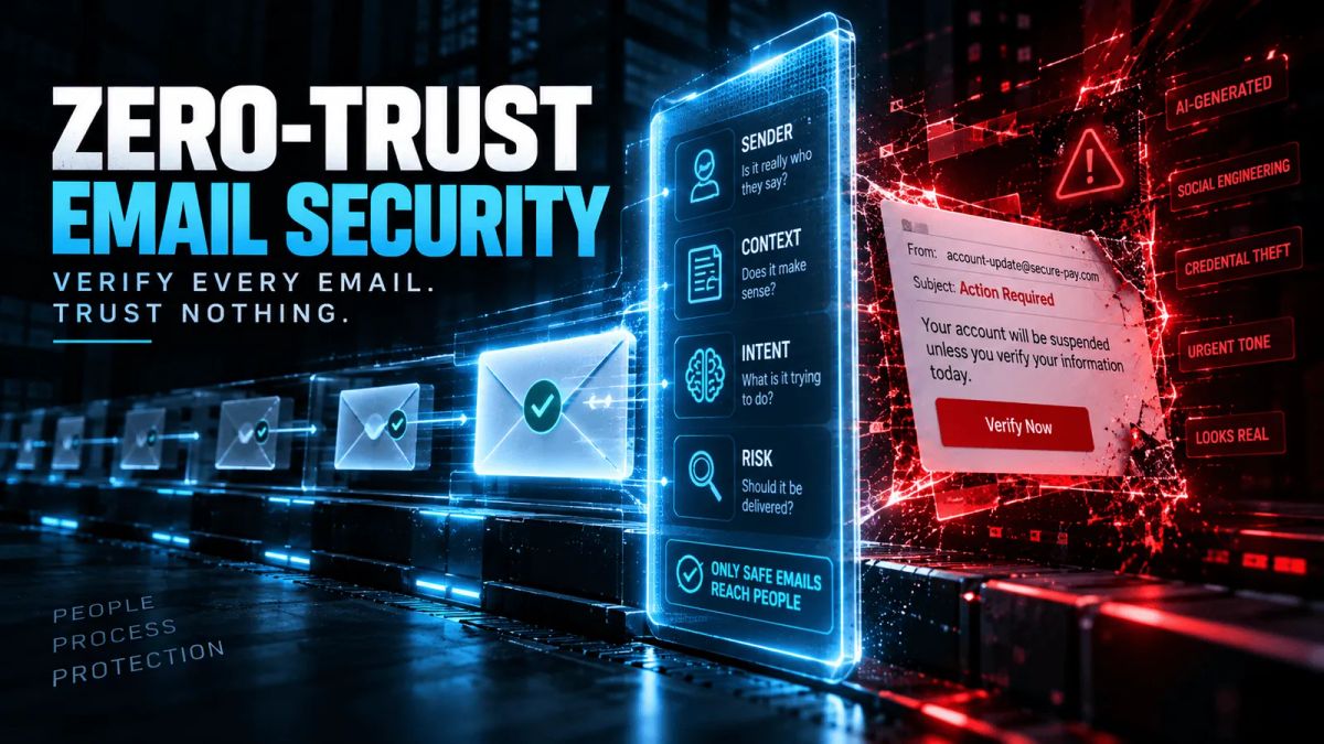 Zero-trust email security concept showing AI-powered phishing blocked by continuous verification of sender, context, intent, and risk.