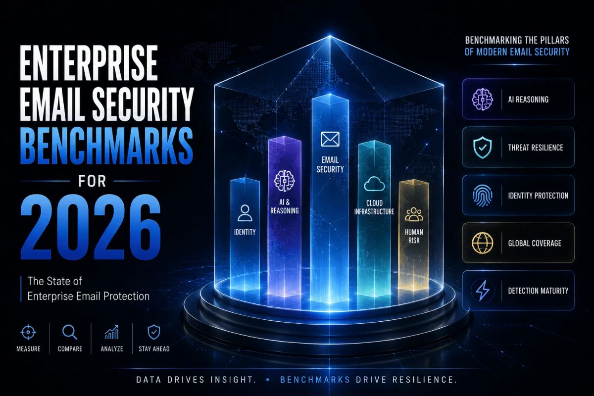 Enterprise email security benchmark framework for 2026 showing the key pillars of AI reasoning, email security, identity protection, cloud infrastructure, and human risk used to evaluate modern enterprise defenses.