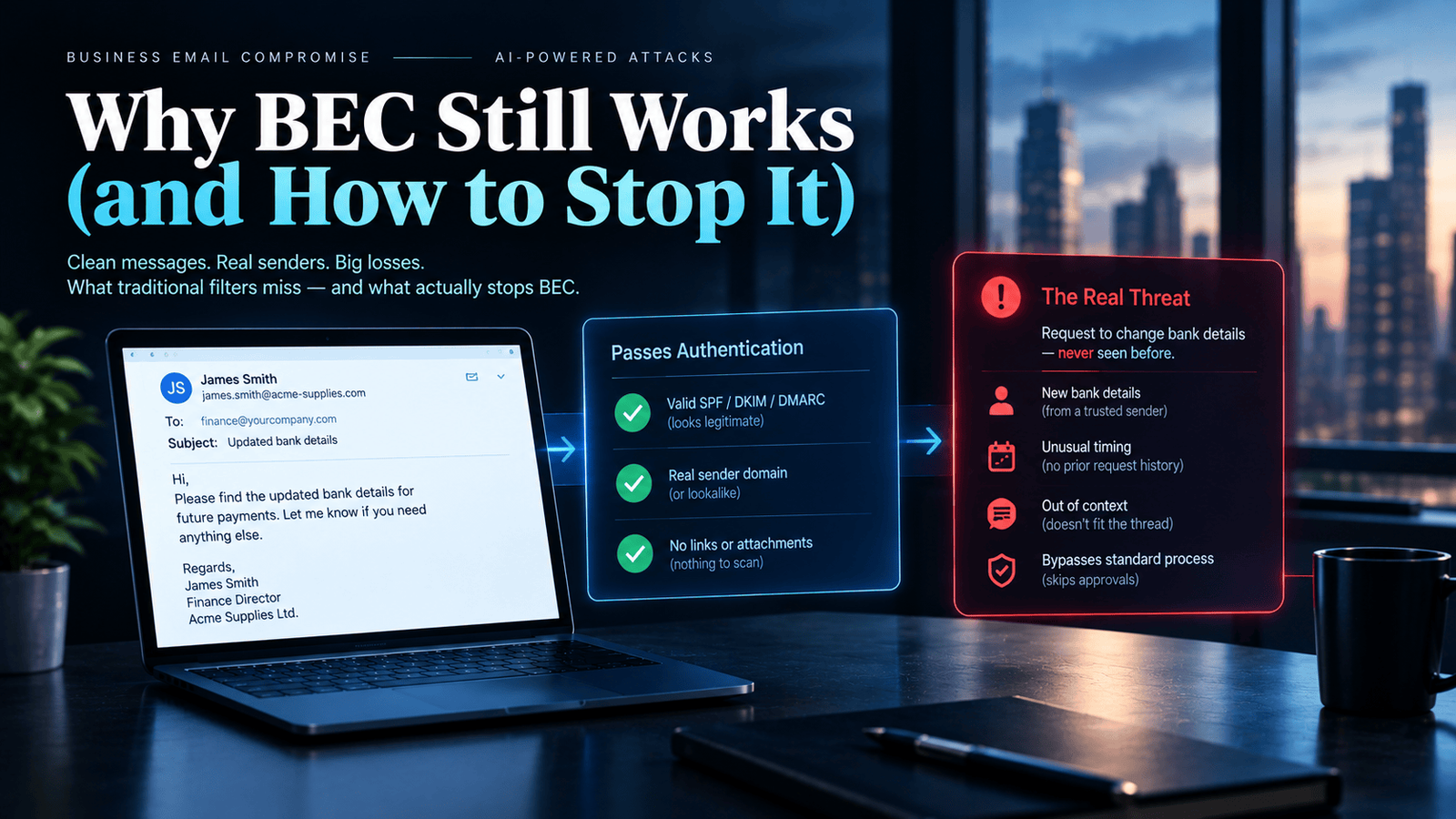 Business email compromise (BEC) illustration showing a legitimate-looking email requesting updated bank details, passing SPF, DKIM, and DMARC authentication checks before suspicious payment instructions are flagged for unusual timing, missing context, and bypassed approval processes.