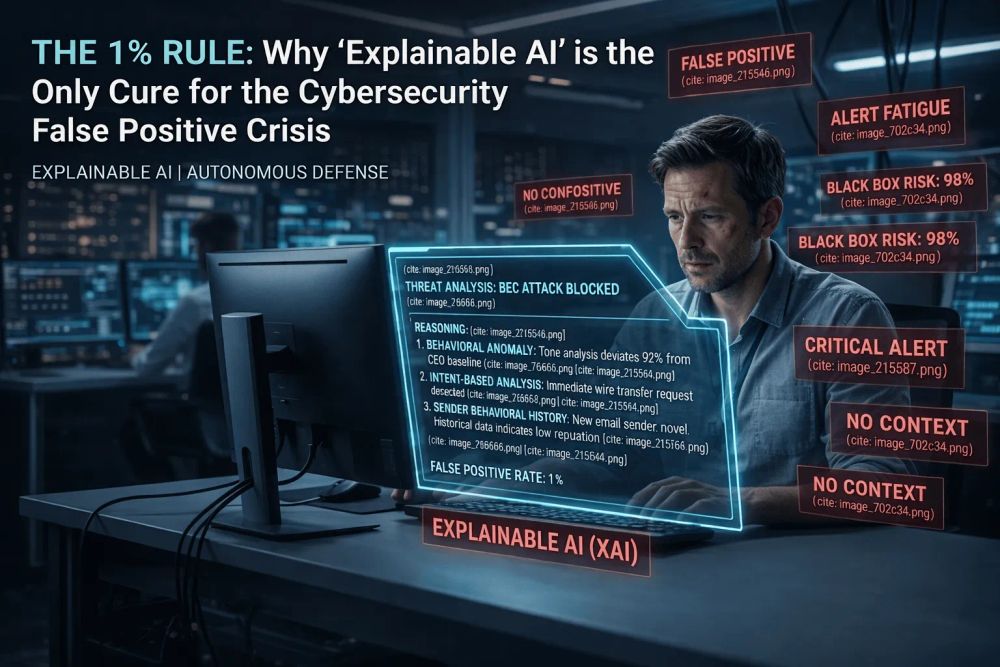 A stressed SOC analyst surrounded by red alert fatigue warnings like "False Positive" and "No Context," while looking at a clear, blue Explainable AI (XAI) interface that provides transparent threat reasoning and a 1% false positive rate. The image feature