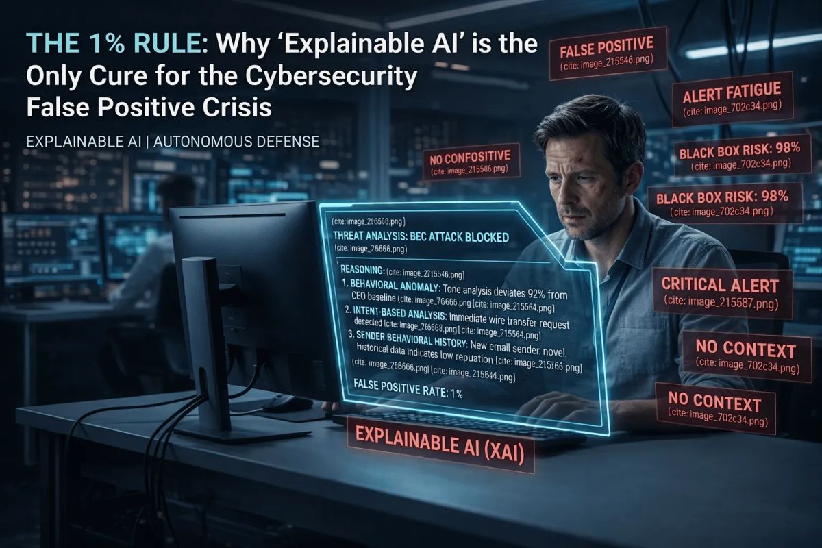 A stressed SOC analyst surrounded by red alert fatigue warnings like "False Positive" and "No Context," while looking at a clear, blue Explainable AI (XAI) interface that provides transparent threat reasoning and a 1% false positive rate. The image feature