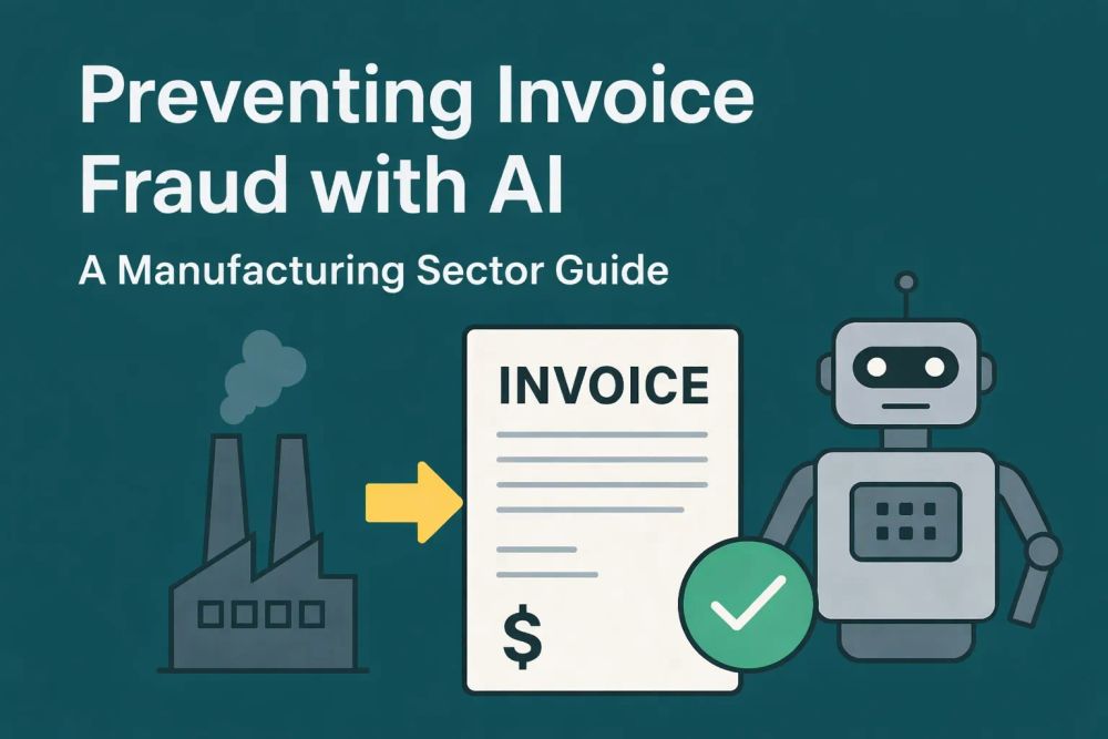 Featuring a factory on the left emitting smoke, an invoice with a dollar sign and an arrow pointing towards a robot on the right, which has a green checkmark symbolizing fraud prevention using AI technology.