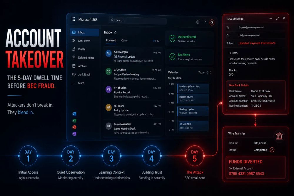 Account takeover illustration showing a five-day dwell time before a Business Email Compromise (BEC) attack results in fraudulent payment diversion.
