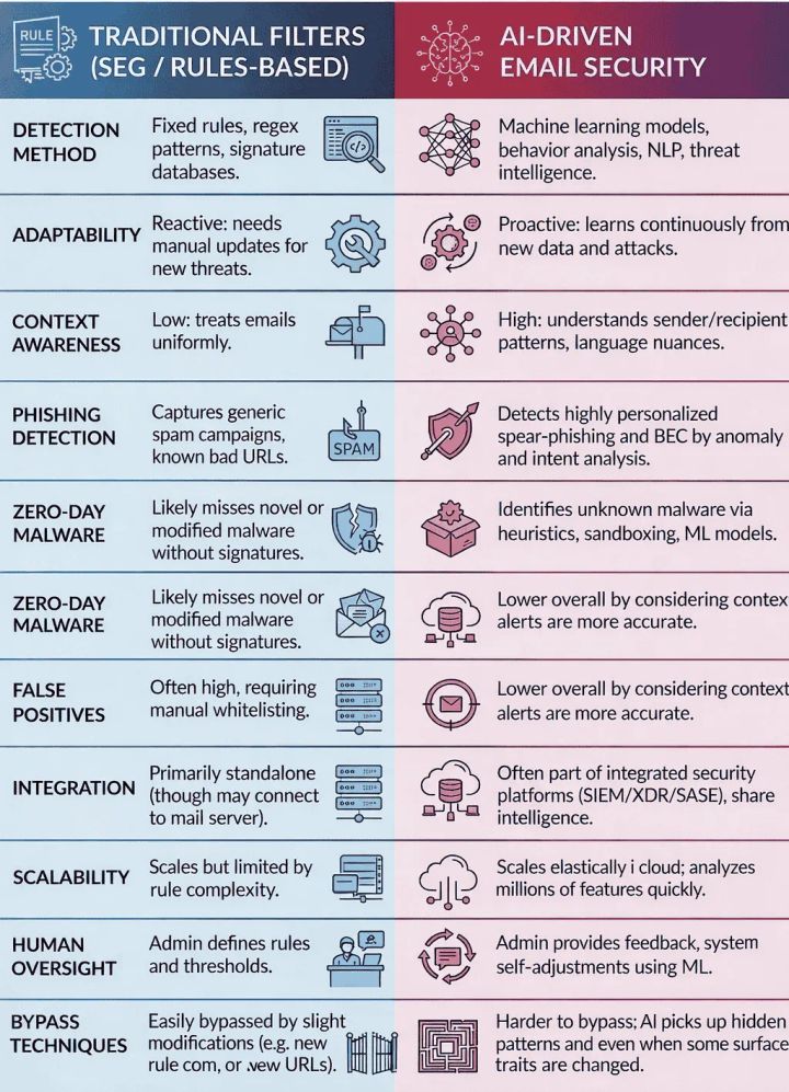 Traditional rules-based filters vs AI-driven email security, compared on detection method, adaptability, context awareness, false positives, scalability and resistance to bypass