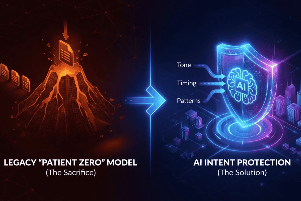 Comparison graphic of Legacy Security vs. StrongestLayer AI. Left side shows a digital volcano consuming a file, representing the 'Patient Zero' sacrifice model. Right side shows a futuristic AI shield analyzing Tone, Timing, and Patterns to provide.