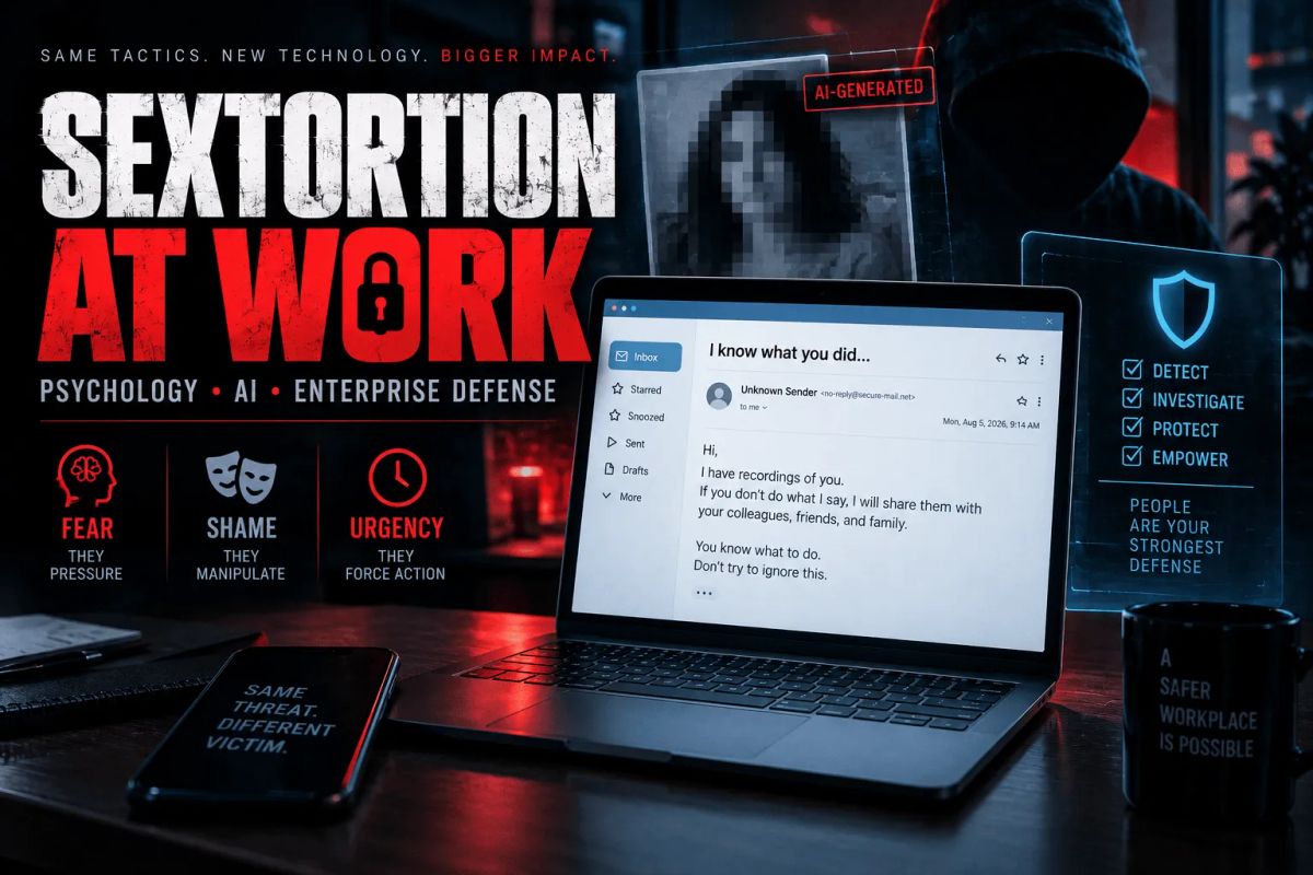 Sextortion at work showing a threatening email, AI-generated deepfake imagery, psychological manipulation, and enterprise email defense.