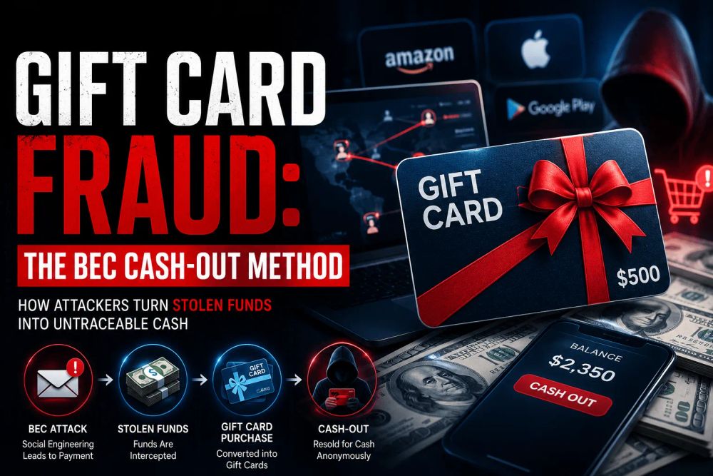 business email compromise gift card scam showing fraudulent email requests, gift card codes, and cash-out tactics used in modern phishing attacks.