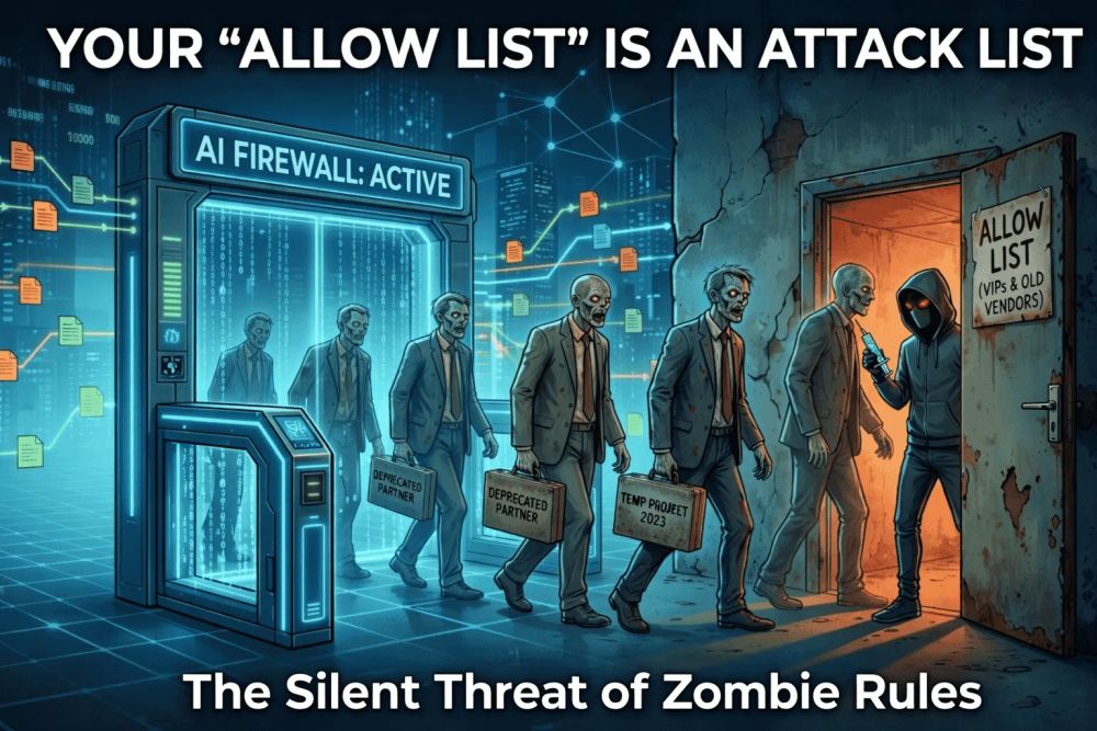 Visual metaphor for Zombie Rules: Undead vendors bypassing an advanced AI security gate by walking through an open 'Allow List' backdoor, effectively neutralizing the firewall.