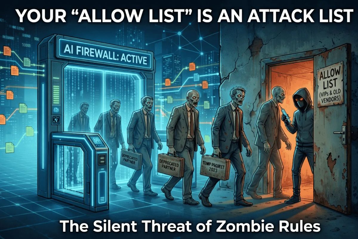 Visual metaphor for Zombie Rules: Undead vendors bypassing an advanced AI security gate by walking through an open 'Allow List' backdoor, effectively neutralizing the firewall.