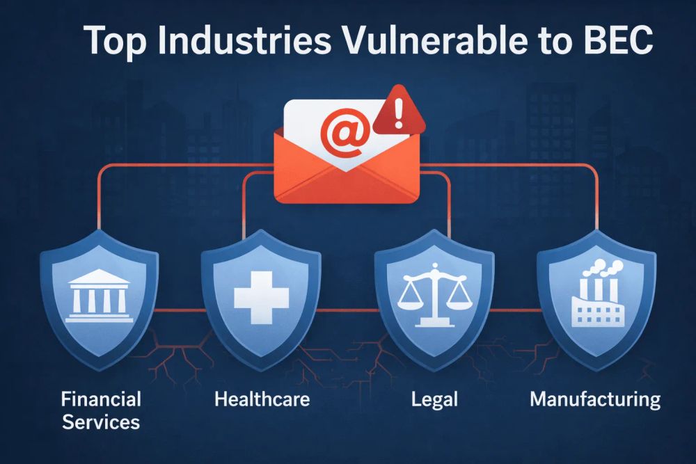 a red warning email with a phishing symbol at the center, connected to shield icons representing the Financial Services, Healthcare, Legal, and Manufacturing industries, highlighting their vulnerability to Business Email Compromise (BEC).