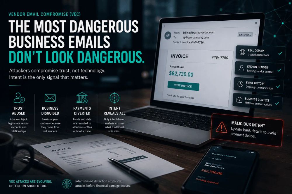The graphic emphasizes how malicious vendor emails appear legitimate, with indicators such as trusted domains, known senders, and normal business context alongside a hidden fraudulent payment request.