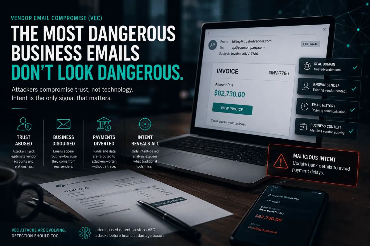 The graphic emphasizes how malicious vendor emails appear legitimate, with indicators such as trusted domains, known senders, and normal business context alongside a hidden fraudulent payment request.