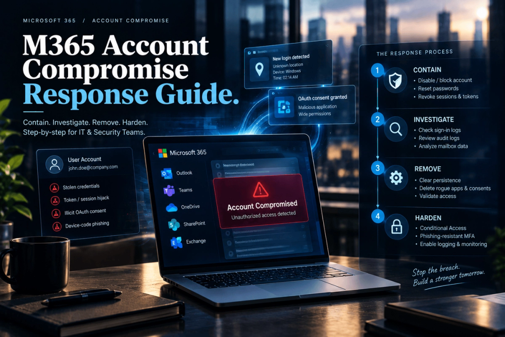 Microsoft 365 account compromise response guide showing an unauthorized access alert, common attack methods including stolen credentials, session hijacking, OAuth abuse and device-code phishing, and four response steps: contain, investigate, remove, and harden.