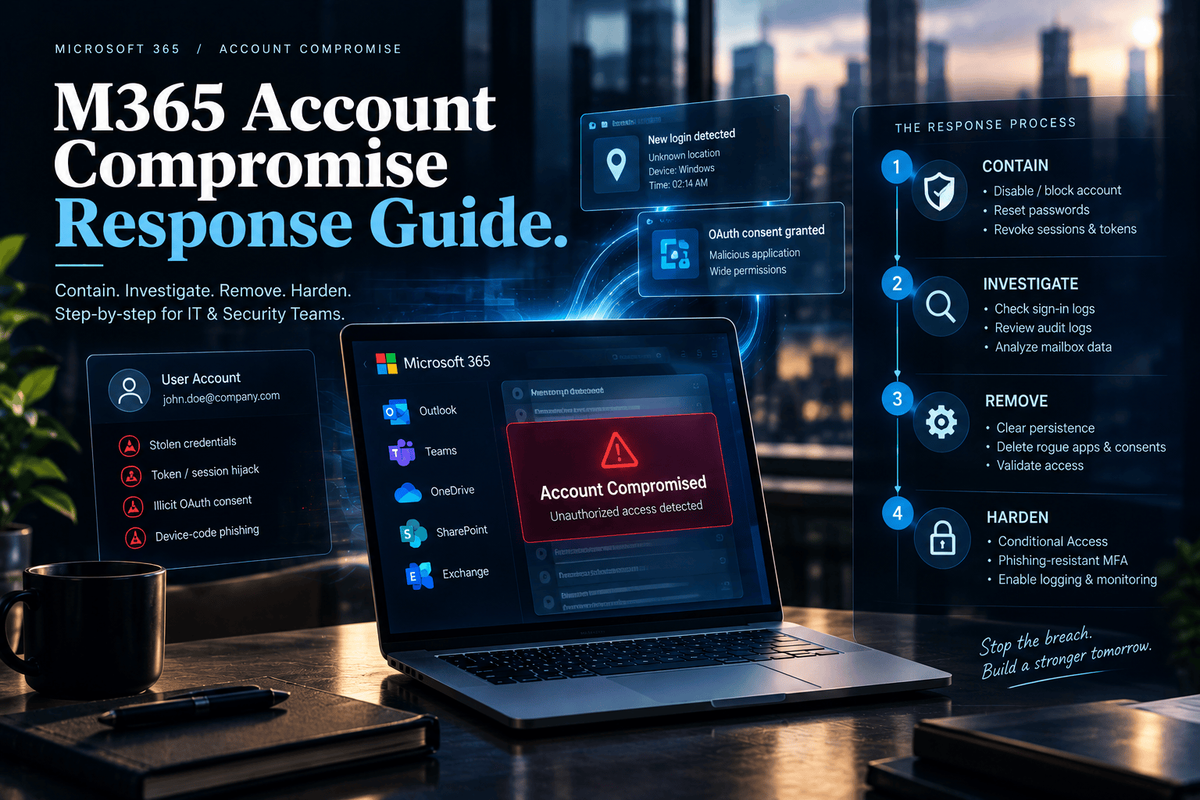 Microsoft 365 account compromise response guide showing an unauthorized access alert, common attack methods including stolen credentials, session hijacking, OAuth abuse and device-code phishing, and four response steps: contain, investigate, remove, and harden.
