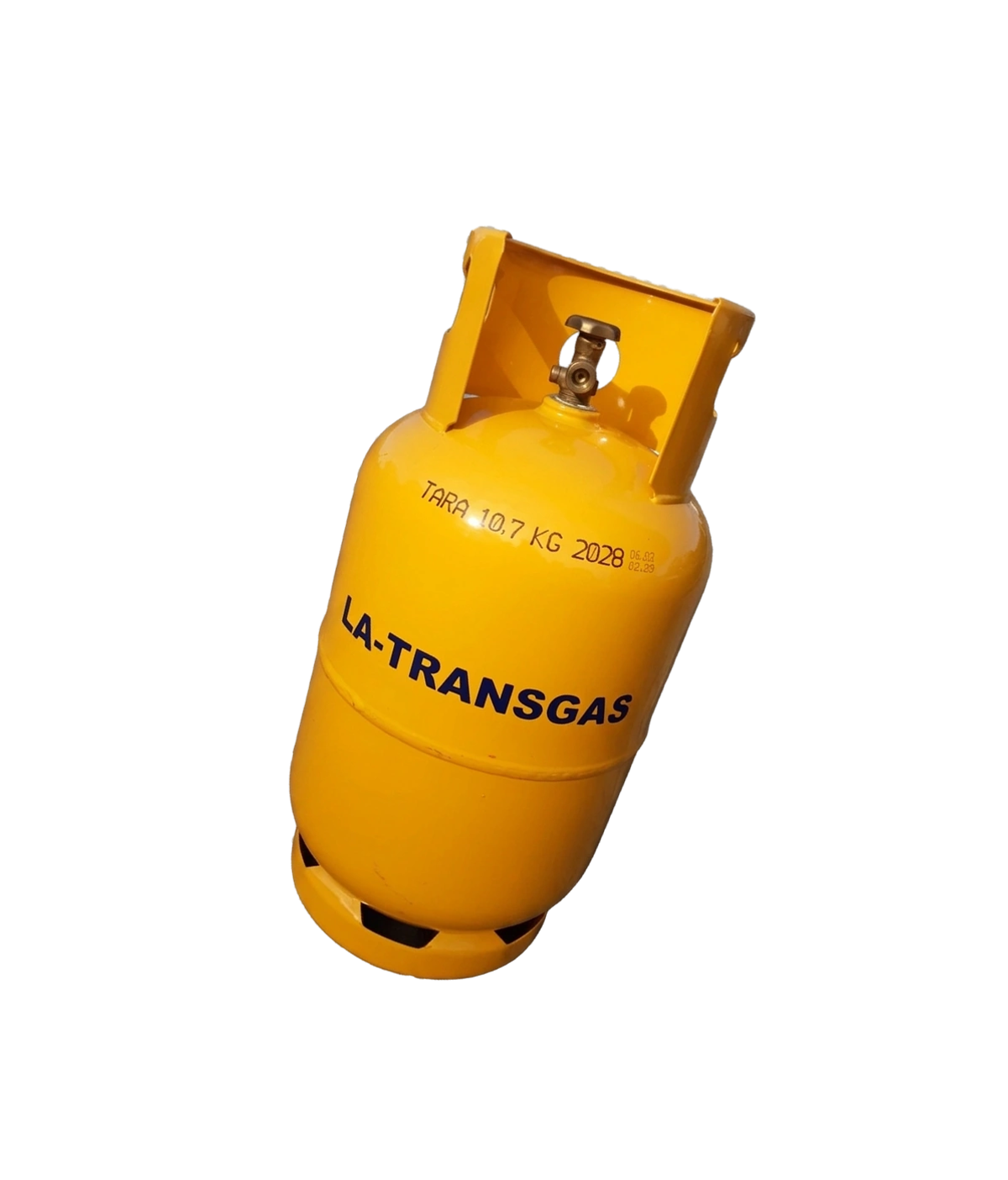 Fotka žluté propanbutanové láhve s nápisem firmy Latransgas