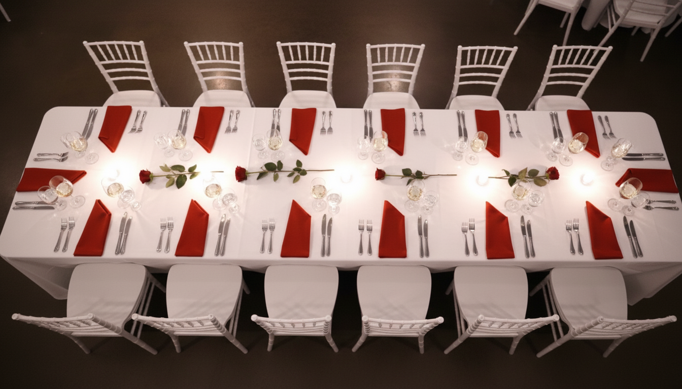 Overhead view of the full XVI dinner table set for sixteen guests