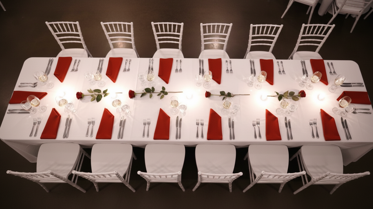 Overhead view of the full XVI dinner table set for sixteen guests