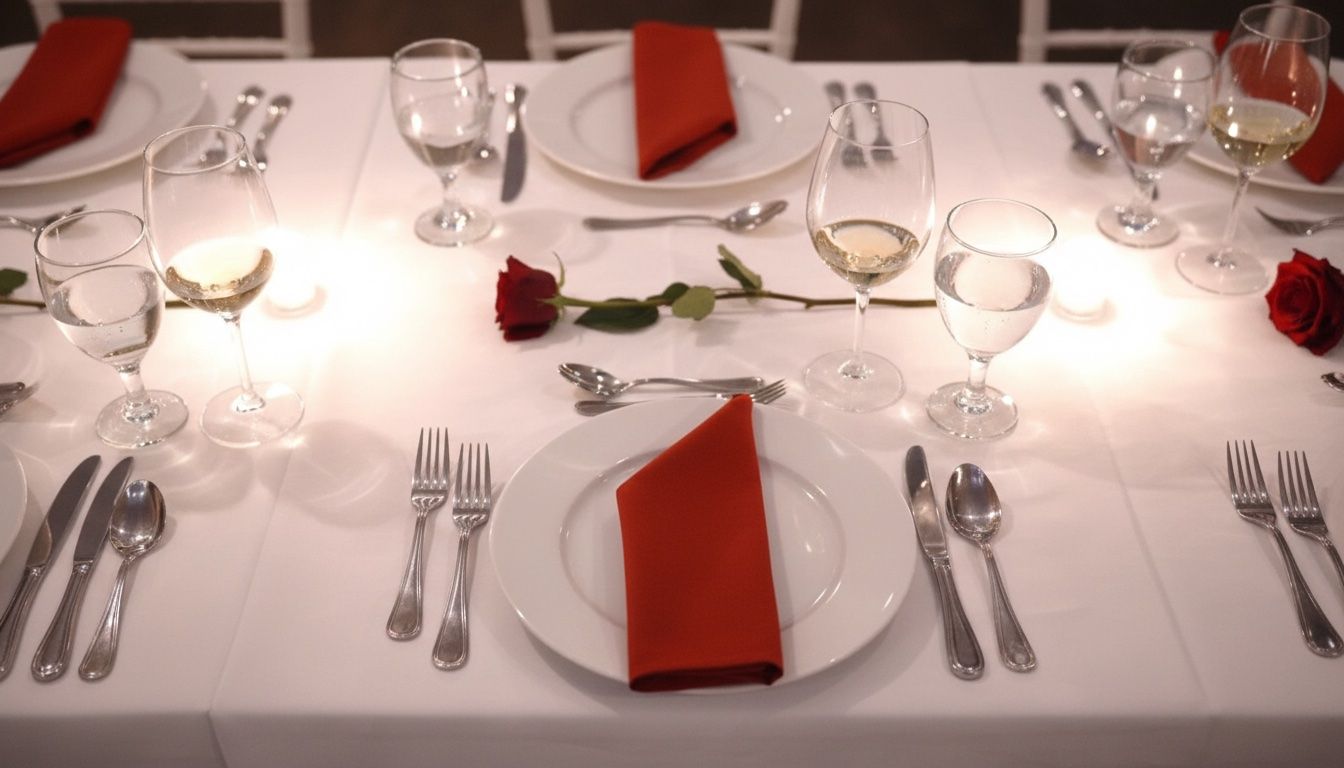A single place setting with red napkin and rose at the XVI dinner table