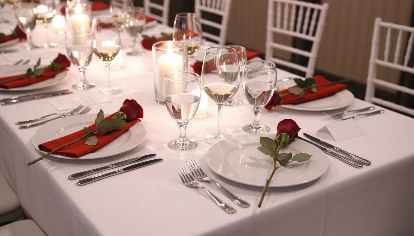 Elegantly set XVI dinner table with red napkins, roses, and candlelight