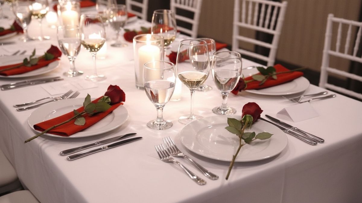 Elegantly set XVI dinner table with red napkins, roses, and candlelight