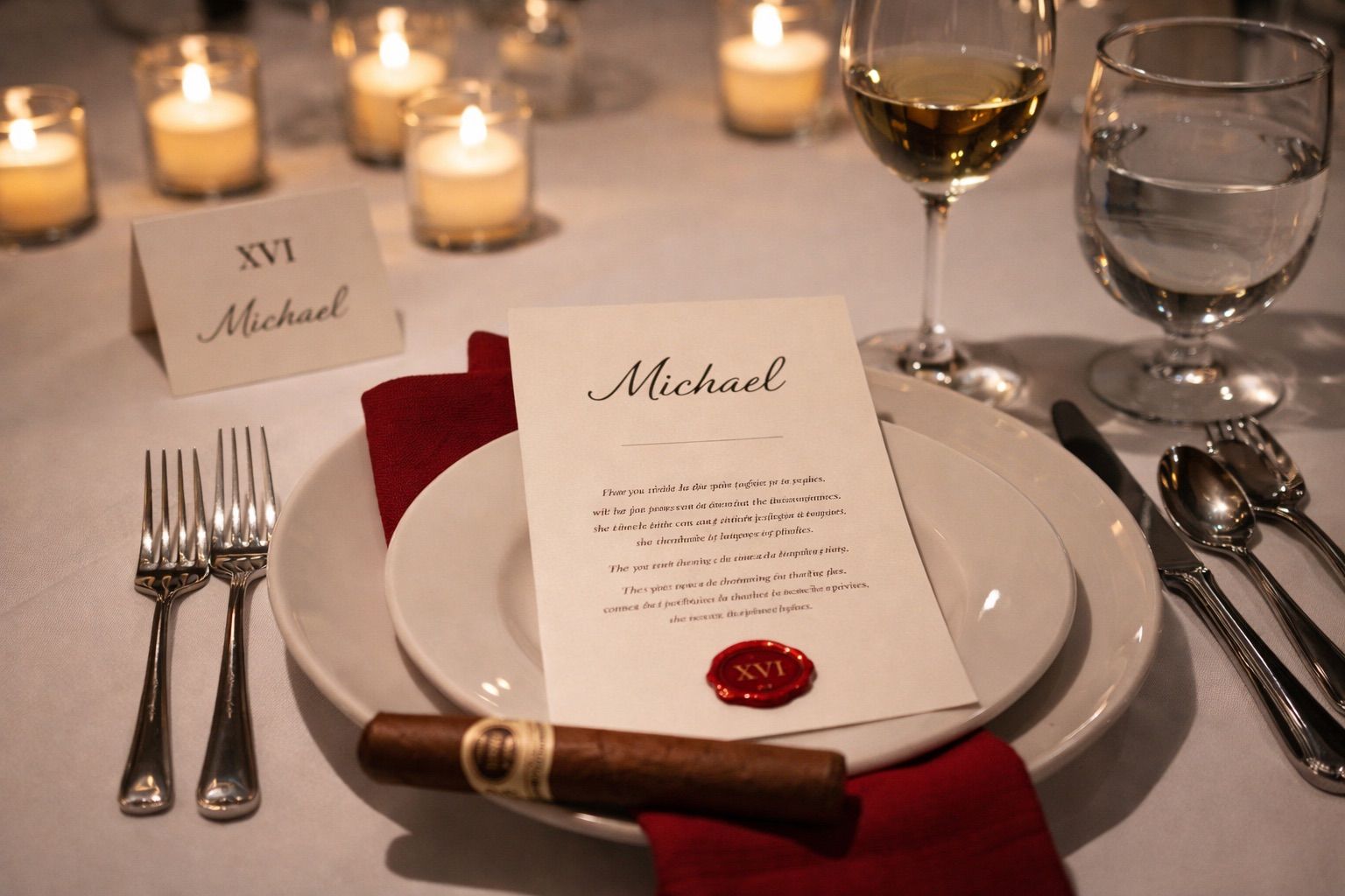 A single place setting with red napkin and rose at the XVI dinner table