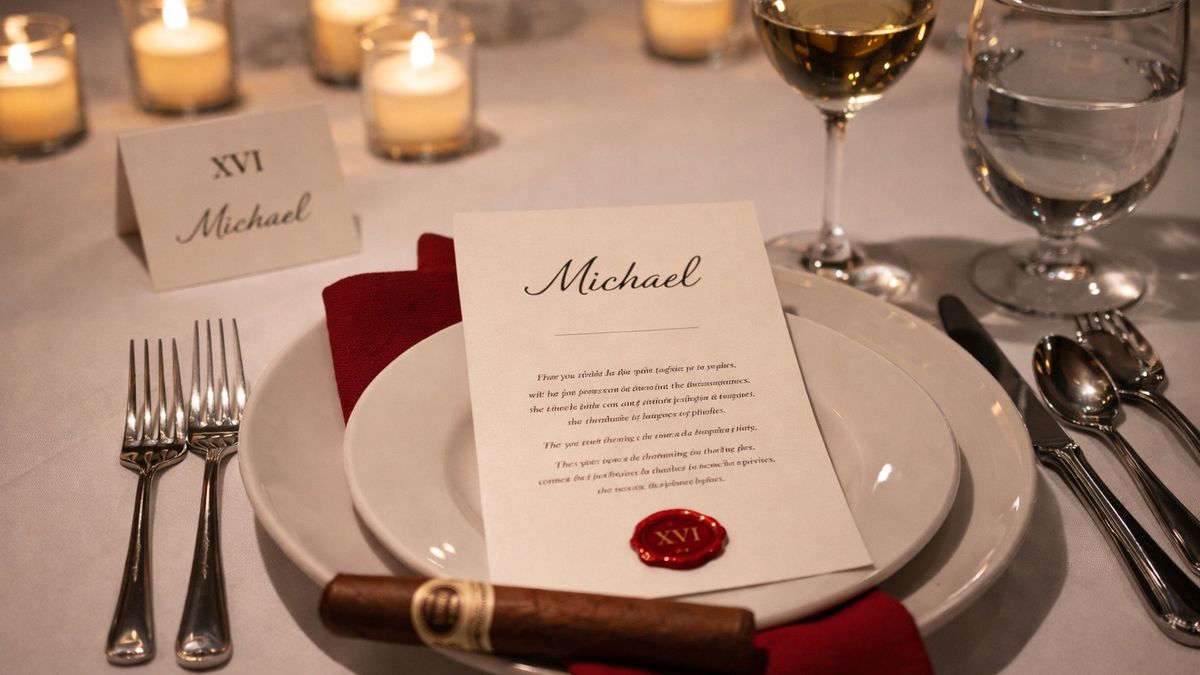 A single place setting with red napkin and rose at the XVI dinner table