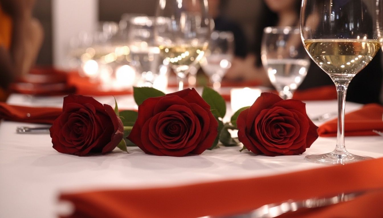 Red roses resting on an elegantly set dinner table