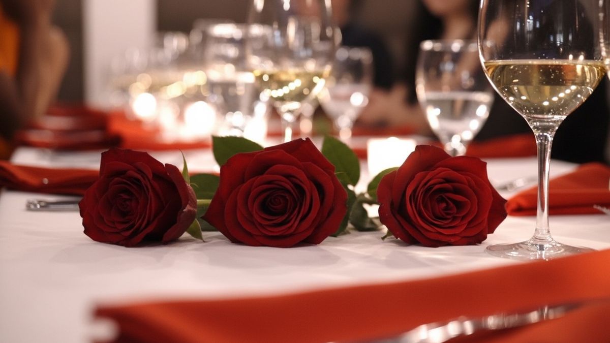 Red roses resting on an elegantly set dinner table