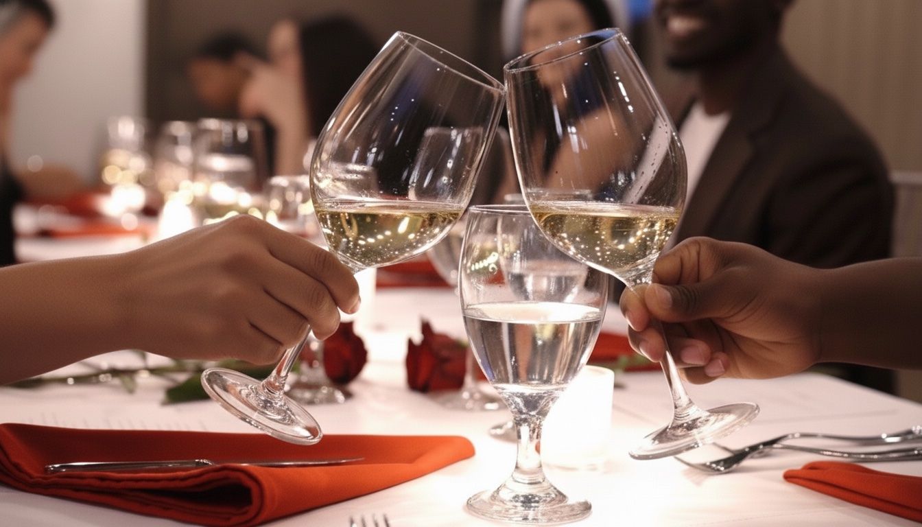 Guests raising wine glasses in a toast at the XVI dinner table