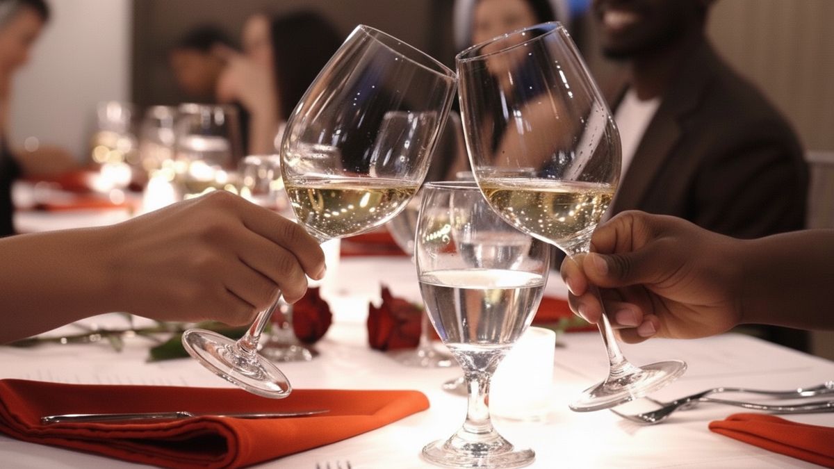 Guests raising wine glasses in a toast at the XVI dinner table
