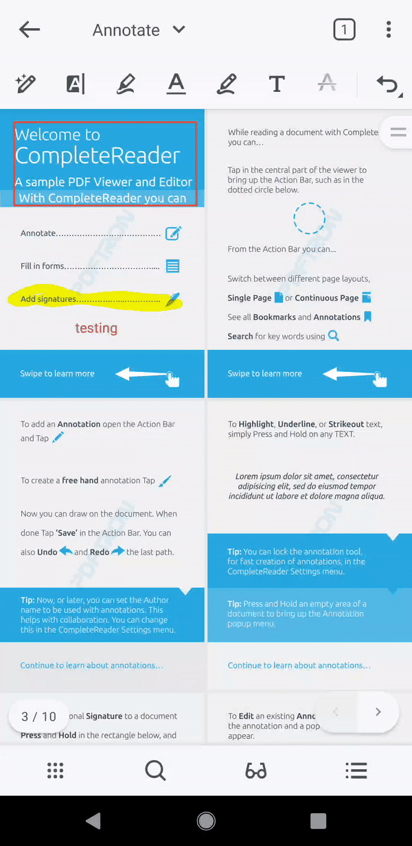Moving annotations across pages: select an annotation and drag it to a new page.